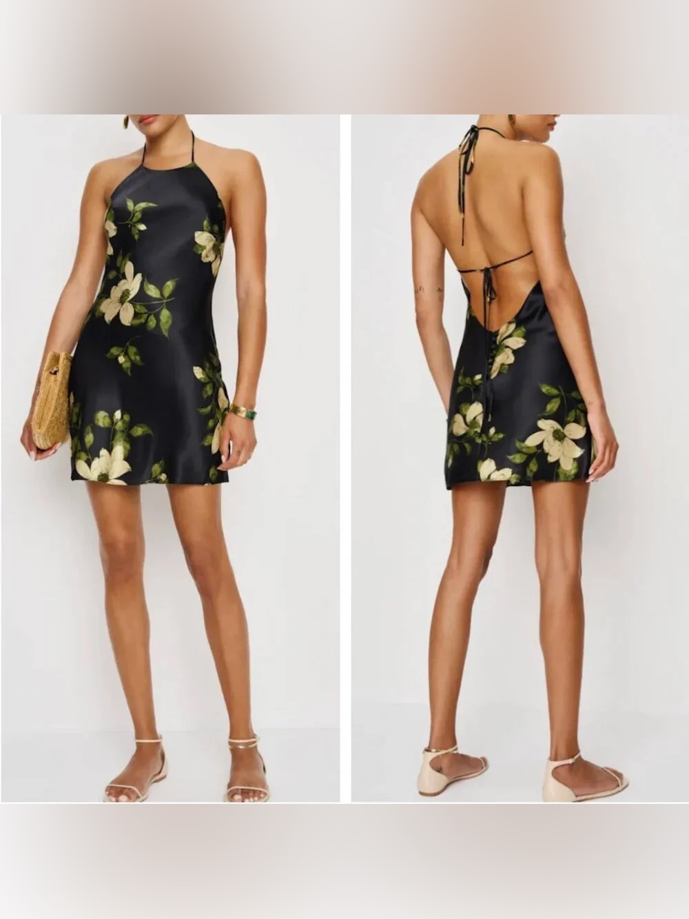 Reformation Jennis Silk Mini Dress Mood For Love Black Yellow Floral Halter SZ S